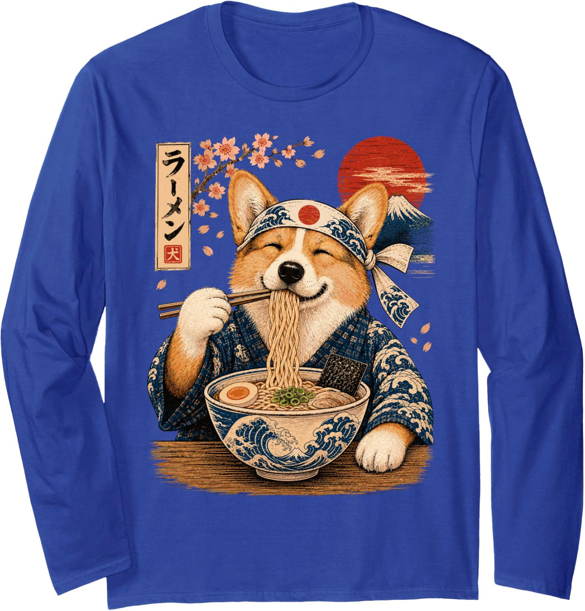 Corgi Dog Eating Ramen Japanese Corgi Long Sleeve T-Shirt - Adult Unisex Royal Blue