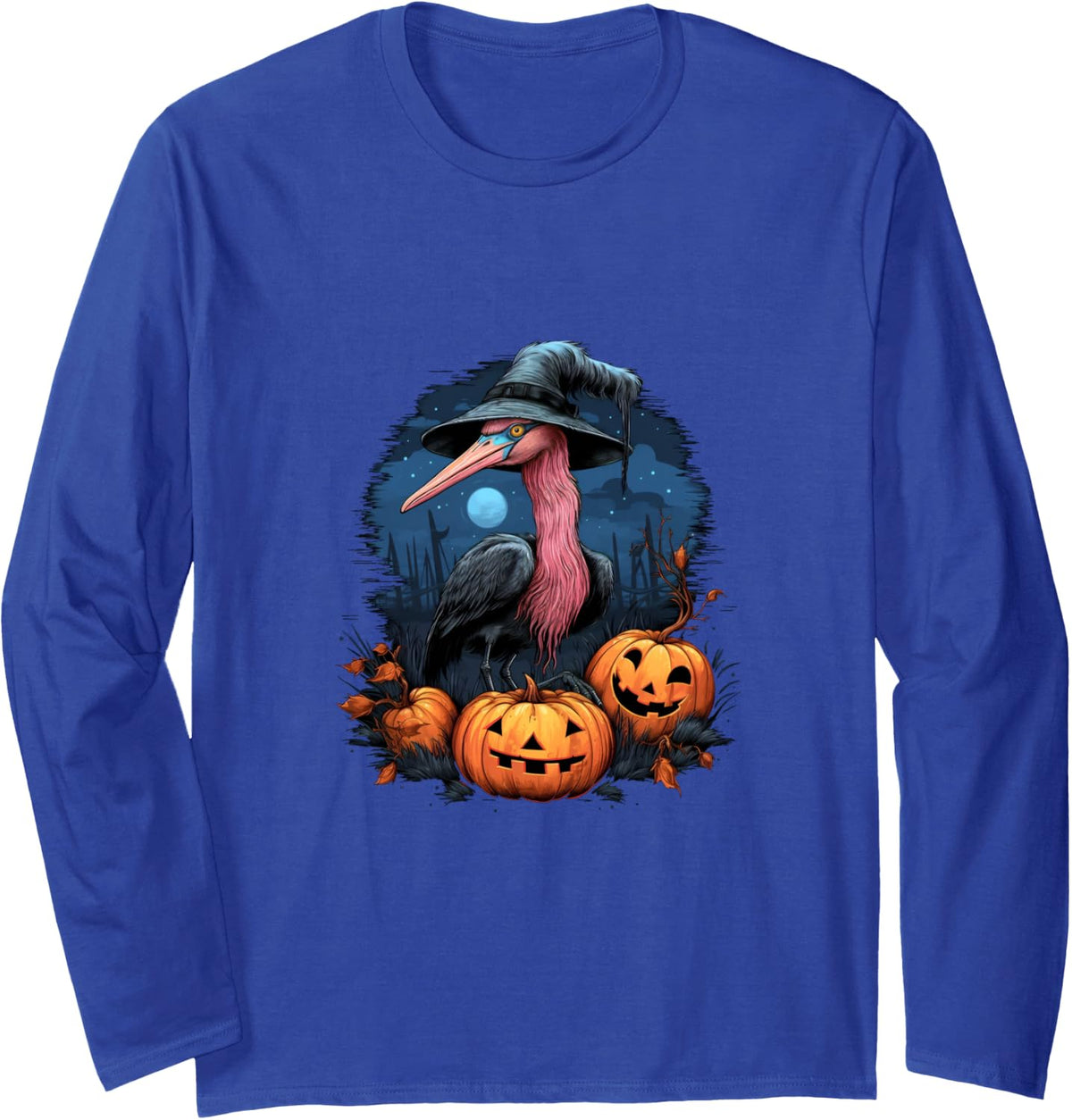 Flamingo Witch Hat Pumpkins Halloween Costume Long Sleeve T-Shirt - Adult Unisex Royal Blue