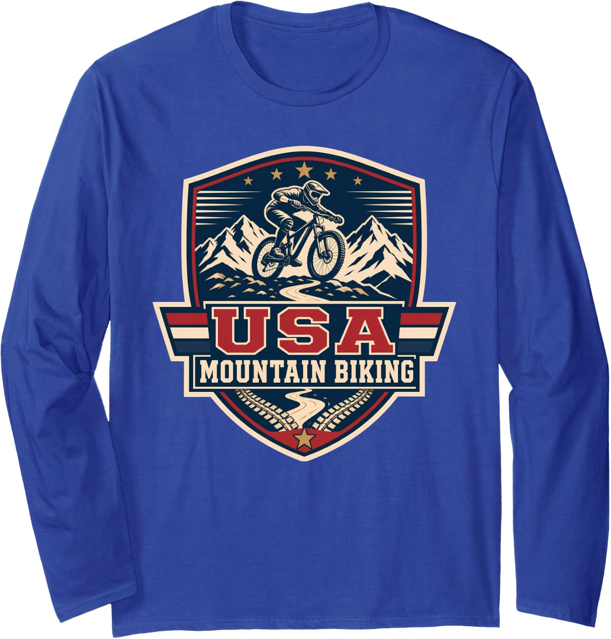 USA Mountain Biking Downhill Rider MTB Emblem Long Sleeve T-Shirt - Adult Unisex Royal Blue