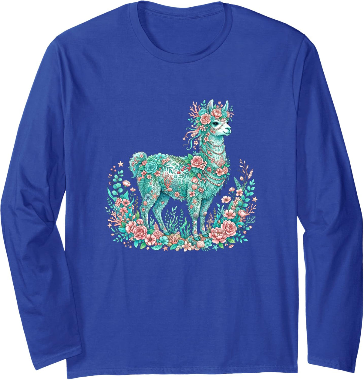 Floral Alpaca Llama Botanical Garden Art Long Sleeve T-Shirt - Adult Unisex Royal Blue