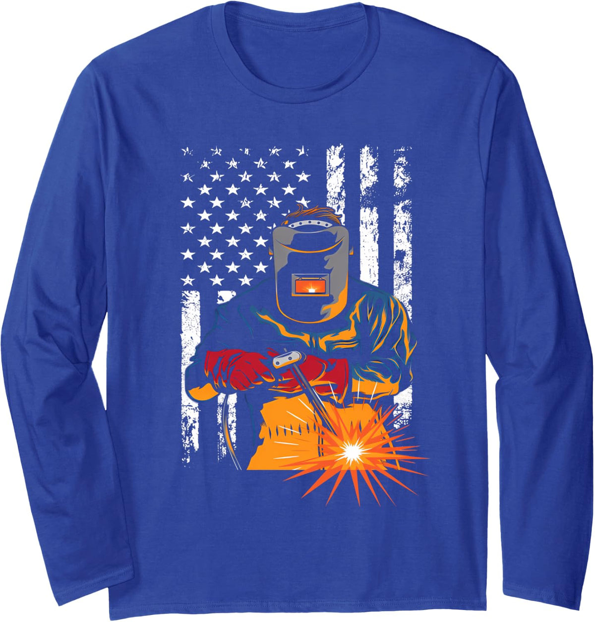 Welder American Flag USA Patriotic - MIG/TIG Metal Welder Long Sleeve T-Shirt - Adult Unisex Royal Blue
