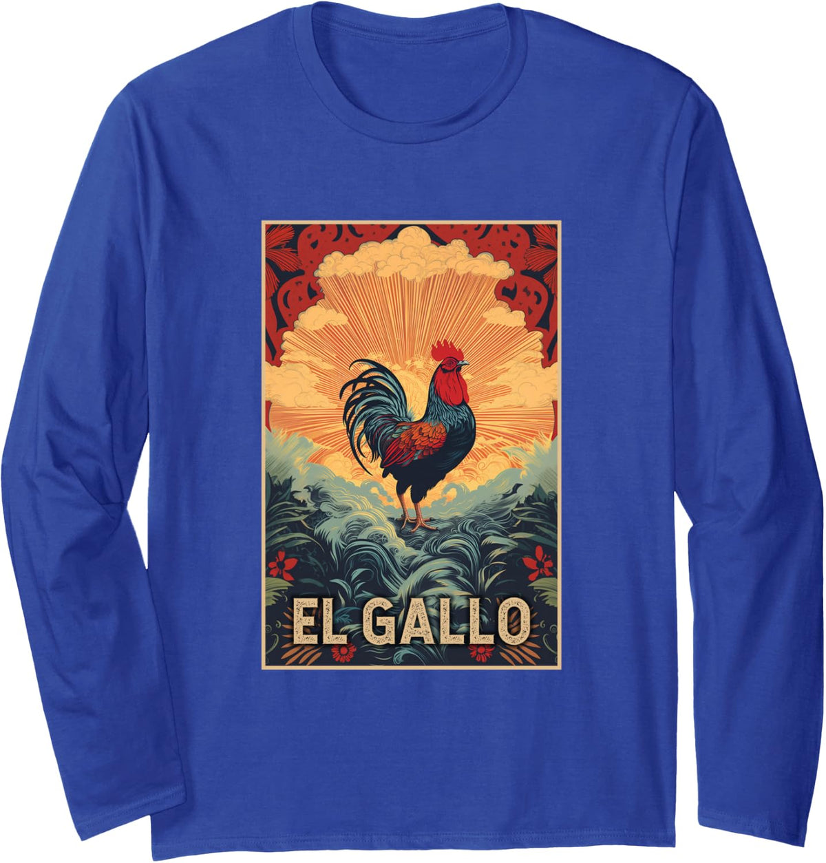 El Gallo Cool Vintage Design of Rooster at Dawn Long Sleeve T-Shirt - Adult Unisex Royal Blue