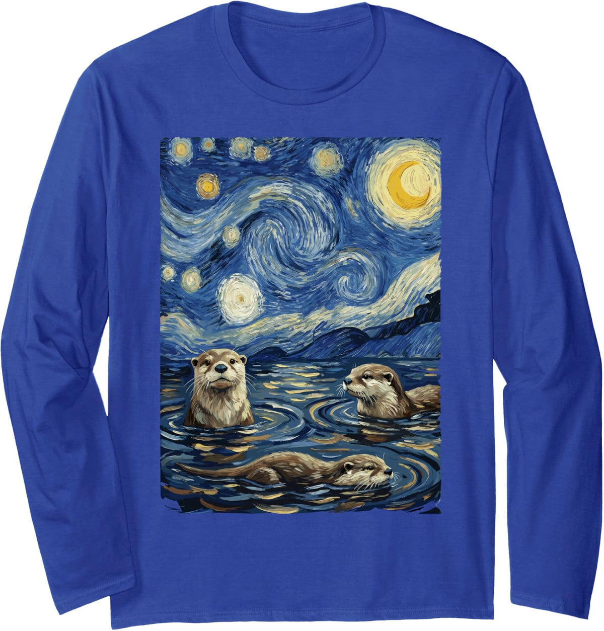 Van Gogh Starry Night Otters Tee Otter Sea Wildlife Zoo Meme Long Sleeve T-Shirt - Adult Unisex Royal Blue