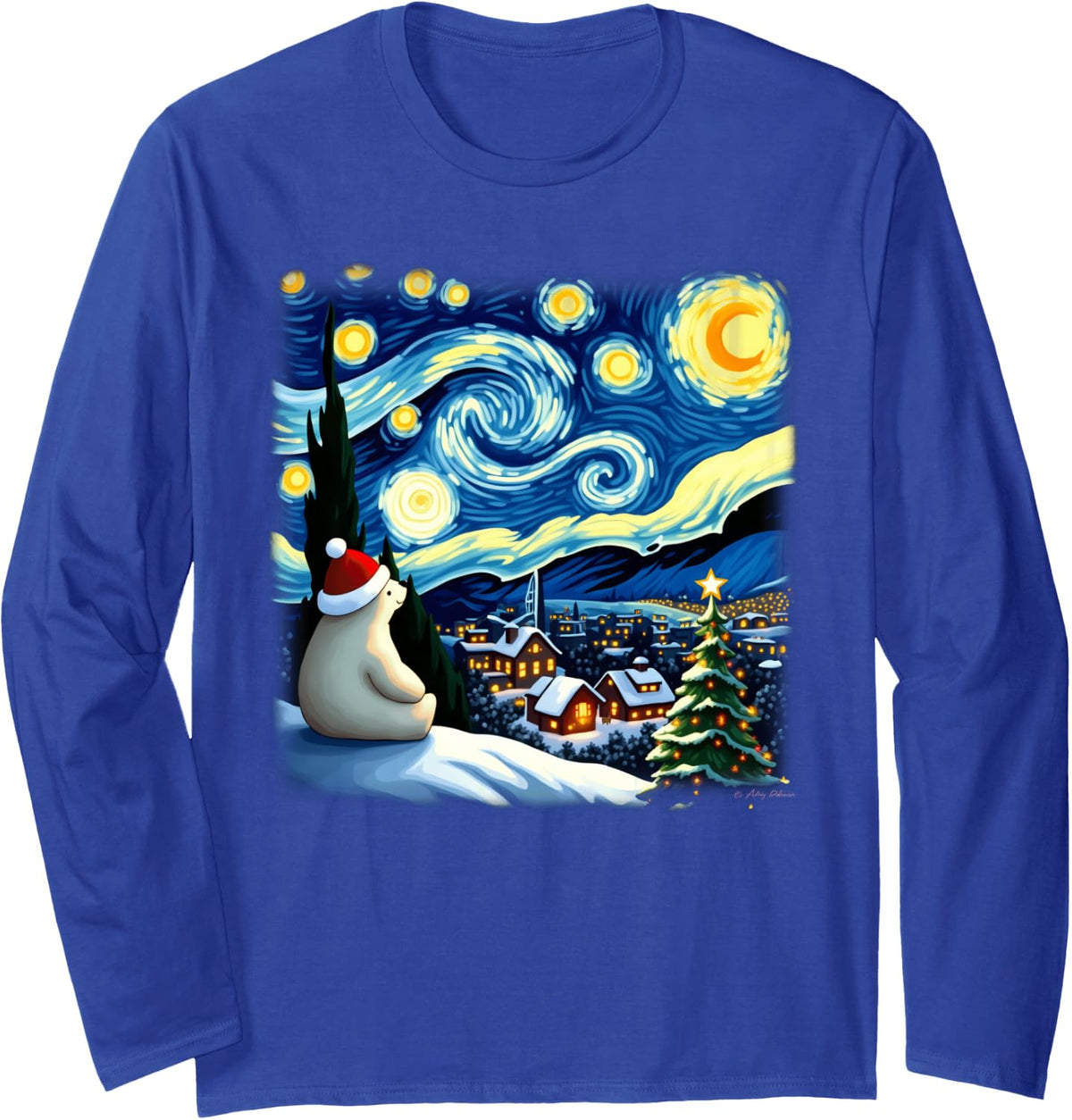 Christmas Polar Bear Starry Night Long Sleeve T-Shirt - Adult Unisex Royal Blue