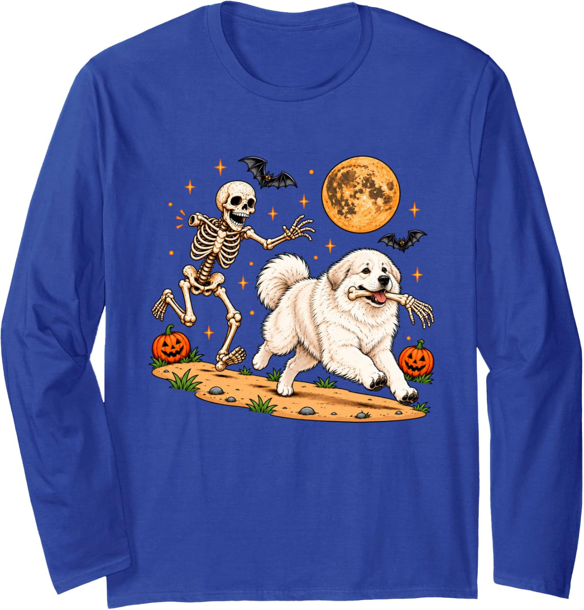 Funny Skeleton Chasing Great Pyrenees Halloween Dog Mom Pet Long Sleeve T-Shirt - Adult Unisex Royal Blue