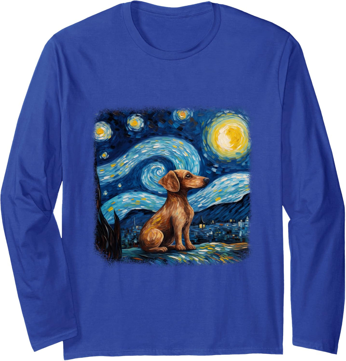 Dog in starry night van gogh Dachshund Long Sleeve T-Shirt - Adult Unisex Royal Blue