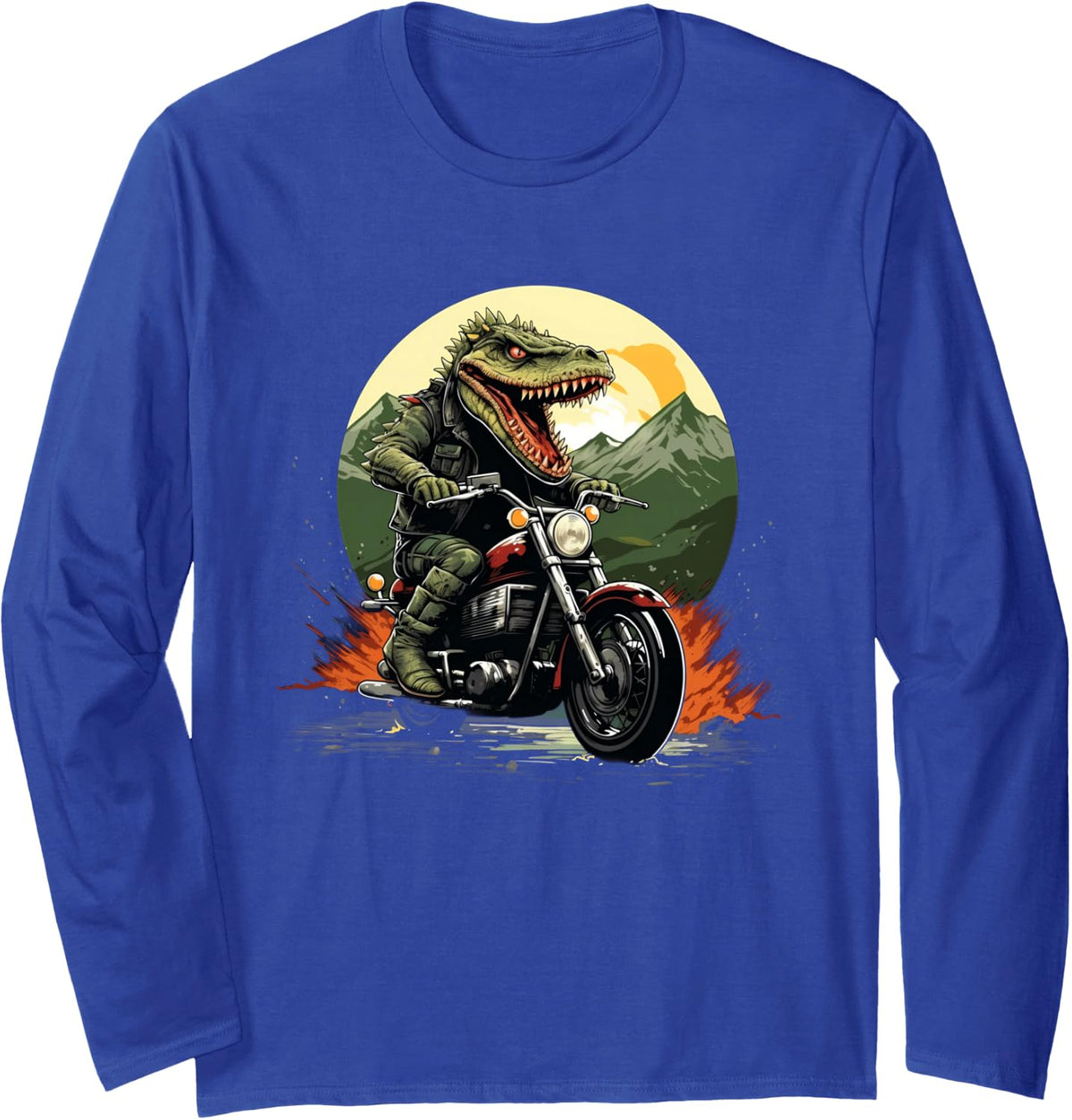 Biker Crocodile Riding Motorcycle Long Sleeve T-Shirt - Adult Unisex Royal Blue