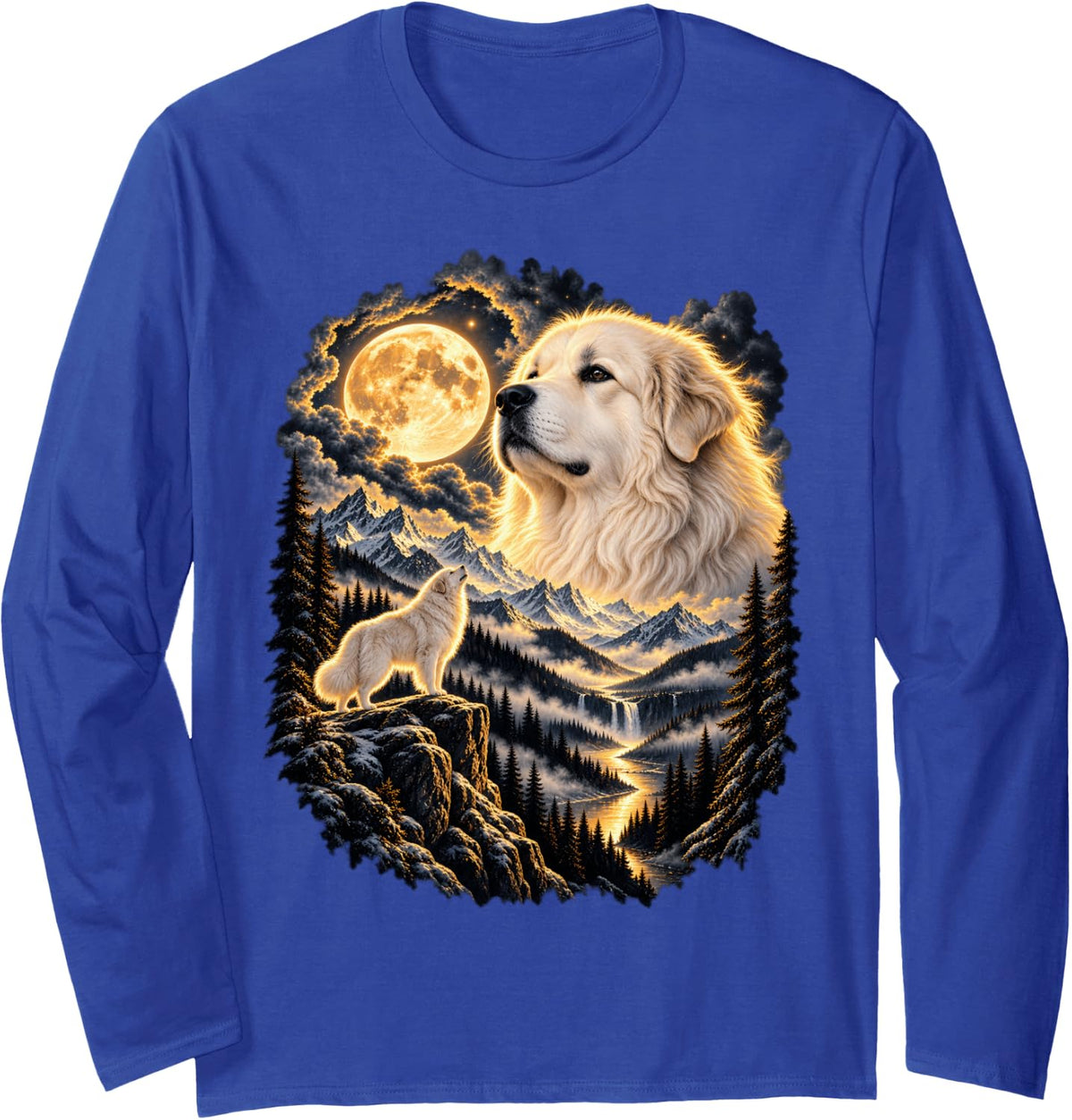 Great Pyrenees Howling At Moon Mountain Wilderness Art Long Sleeve T-Shirt - Adult Unisex Royal Blue