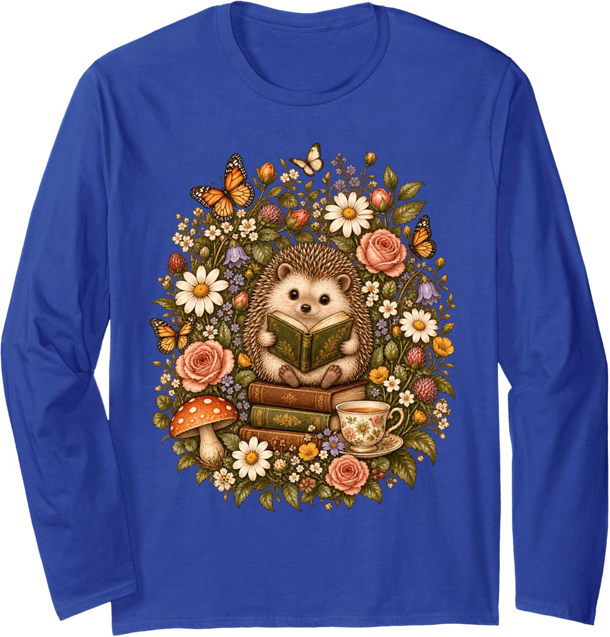 Hedgehog Reading Book Lover Floral Garden Library Reader Long Sleeve T-Shirt - Adult Unisex Royal Blue