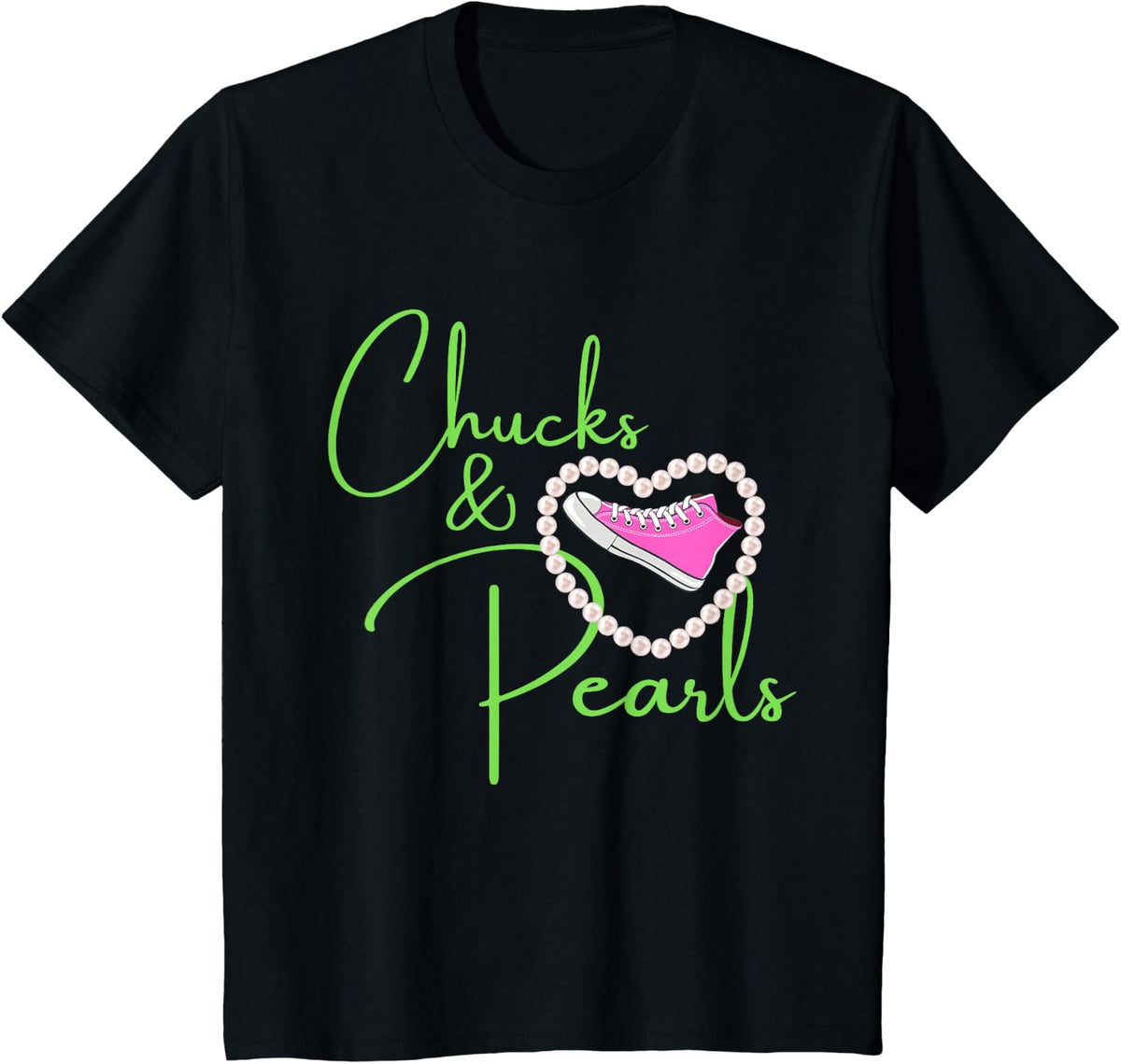 Chucks and Pearls 2021 Valentine Heart HBCU AKA Green Pink T-Shirt - Black