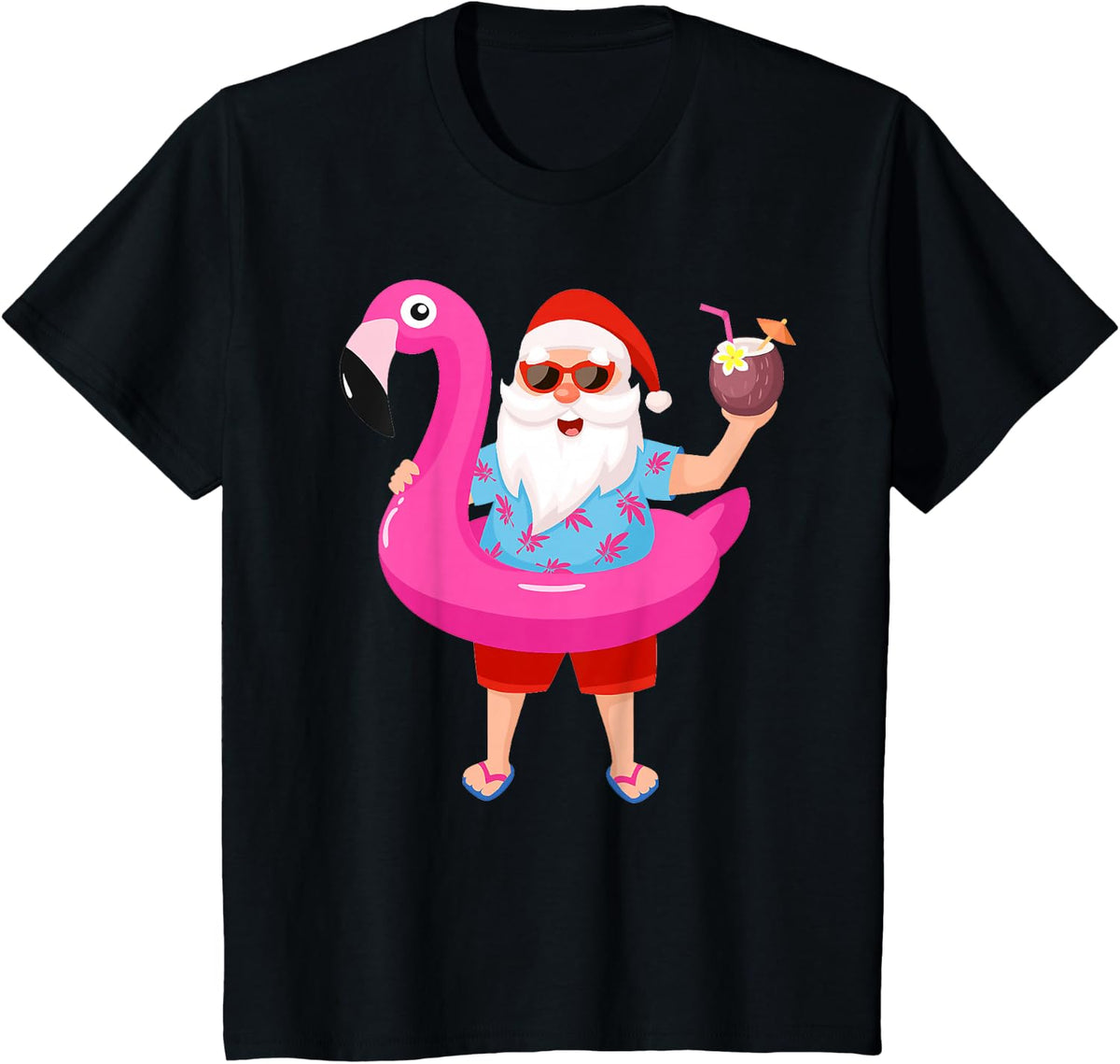 Christmas in July Santa hawaii Sunglasses Flamingo gifts T-Shirt - Black