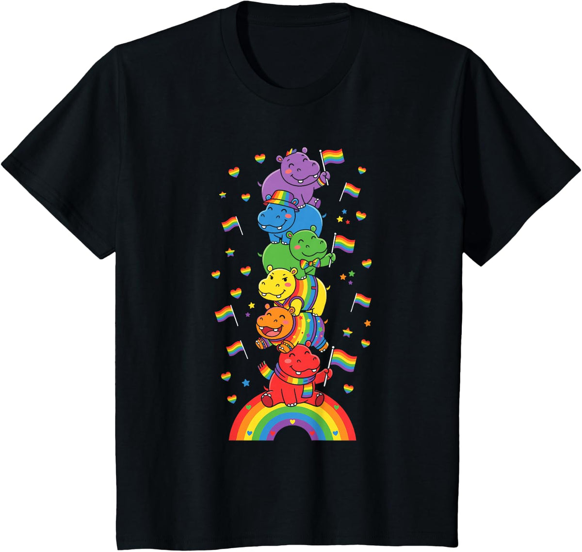 Funny LGBT Hippo Rainbow Lesbian Gay Pride Women Men T-Shirt - Black