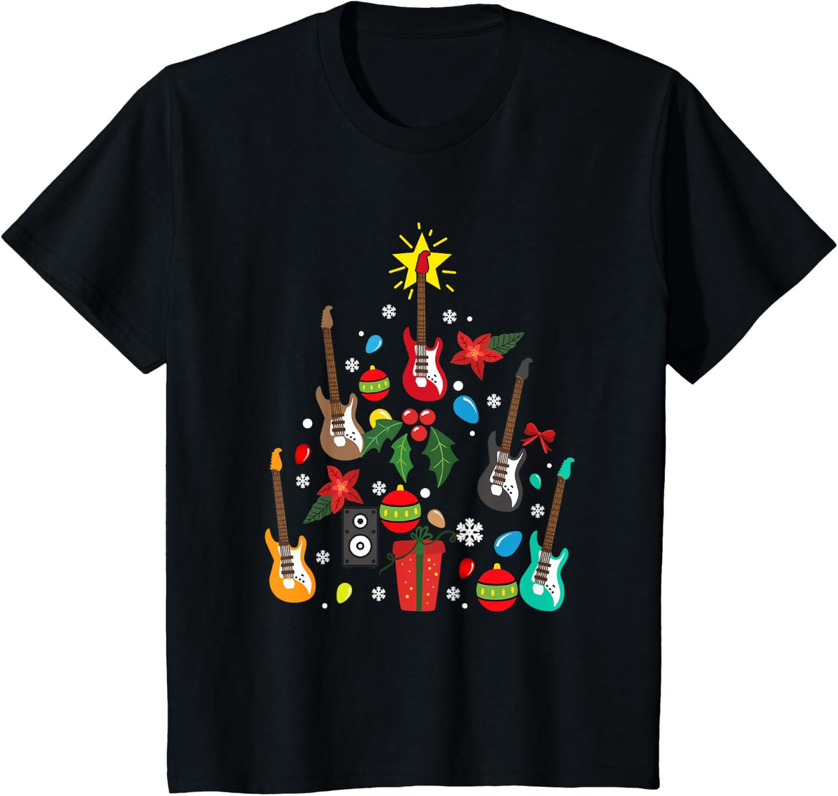 Bass Guitar Christmas Tree Guitar Player Musician Pajamas T-Shirt - Black