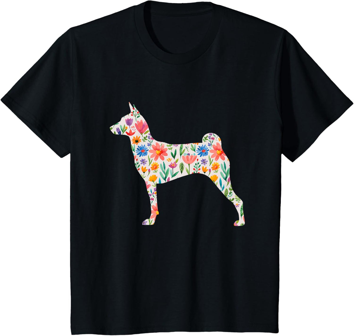 Miller Sye Basenji Dog Watercolor Flowers T-Shirt - Black, Small, Unisex-Adults, Short Sleeve, Classic Fit - Black