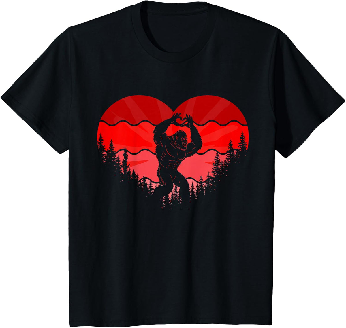 Bigfoot Heart Valentine's Day Boys Girls Kids Love Sasquatch T-Shirt - Black