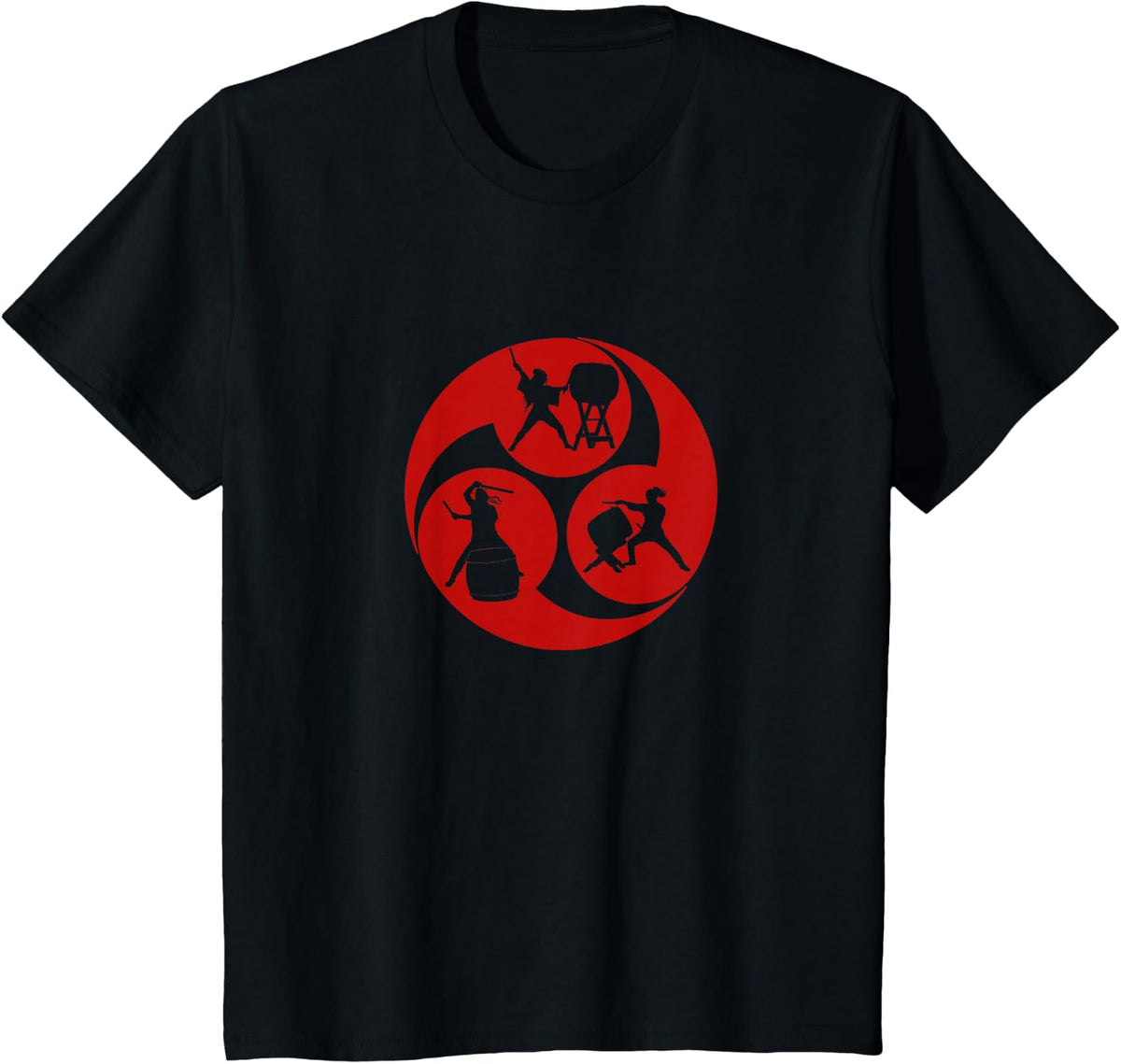 Red Mitsudomoe Symbol Cool Taiko Drummer T-Shirt - Black