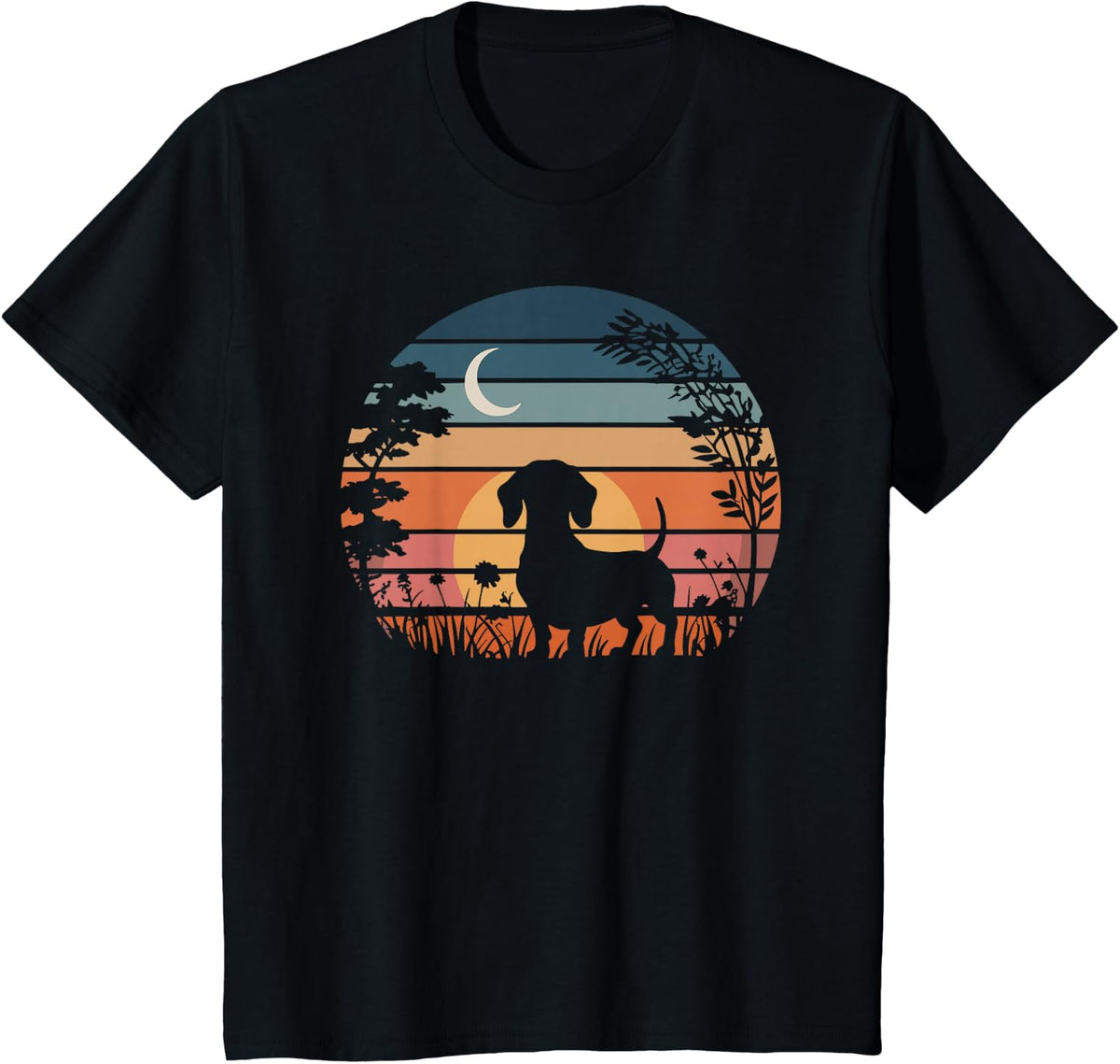 Dachshund Vintage Silhouette 60s 70s Retro Wiener Dog Lover T-Shirt - Black
