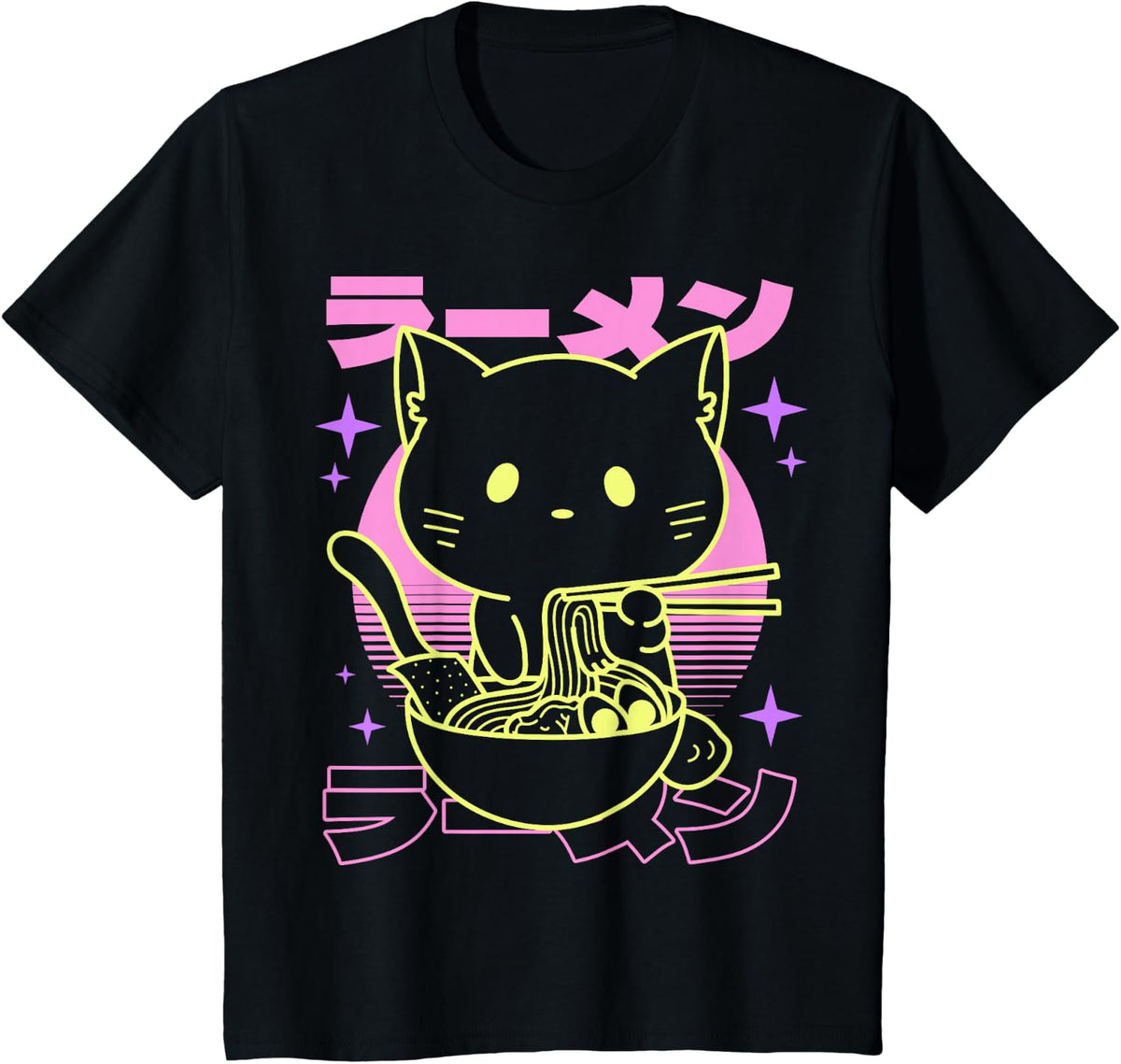 Anime Ramen Cat Japanese Retro Noodles Aesthetic Kawaii Cat Tee T-Shirt - Black