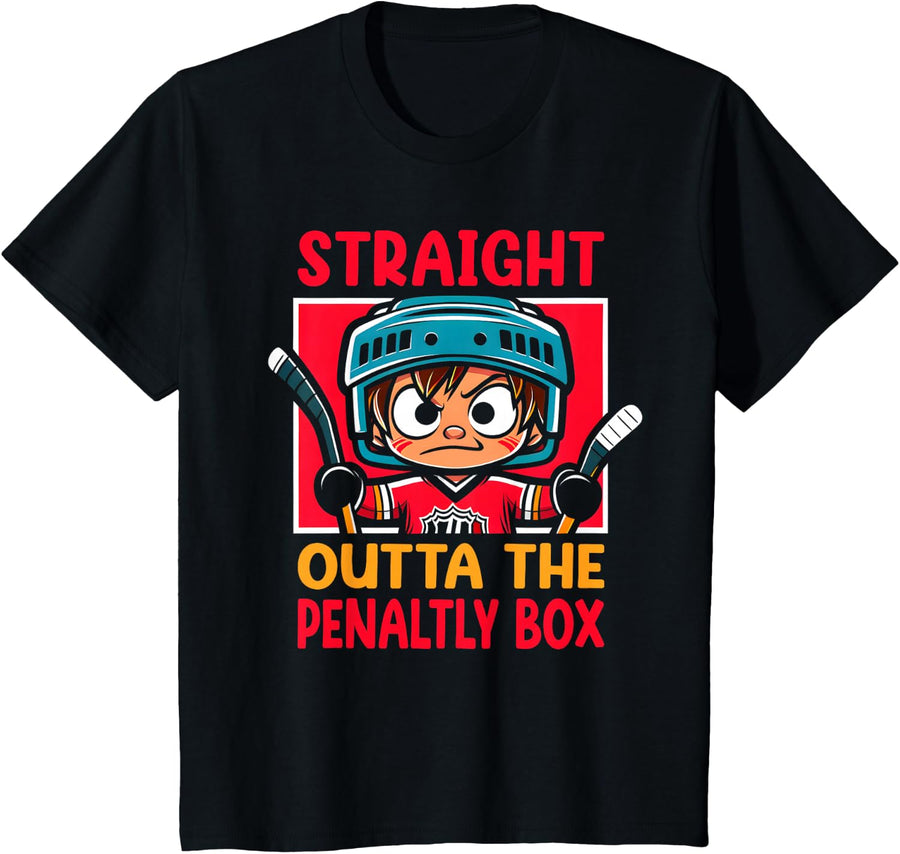 Straight Outta The Penalty Box Funny Boys Youth Kids Hockey T-Shirt - Black