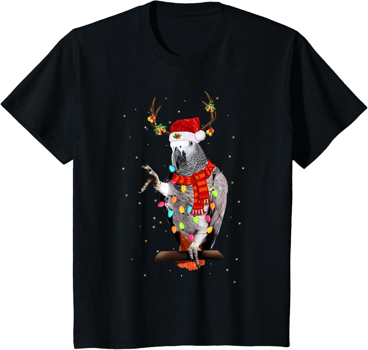 African Grey Parrot Reindeer Christmas Light Funny Gift T-Shirt - Black