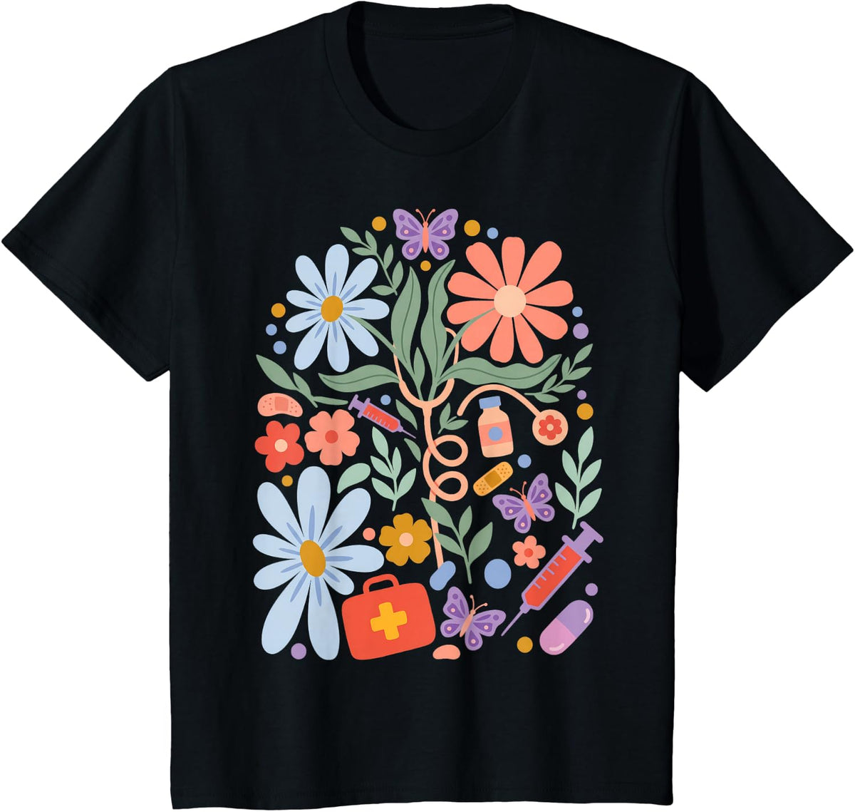 Nurse Floral Medical Flowers Butterfly Healthcare T-Shirt - Black