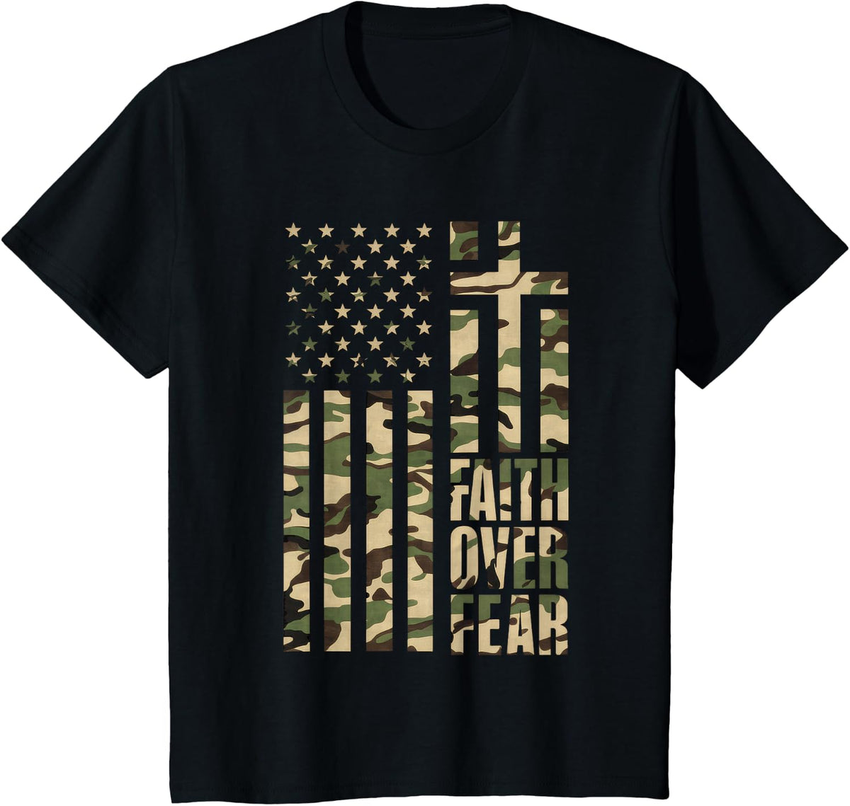 Christian USA Flag Cross Back Print Faith Over Fear Top T-Shirt - Black