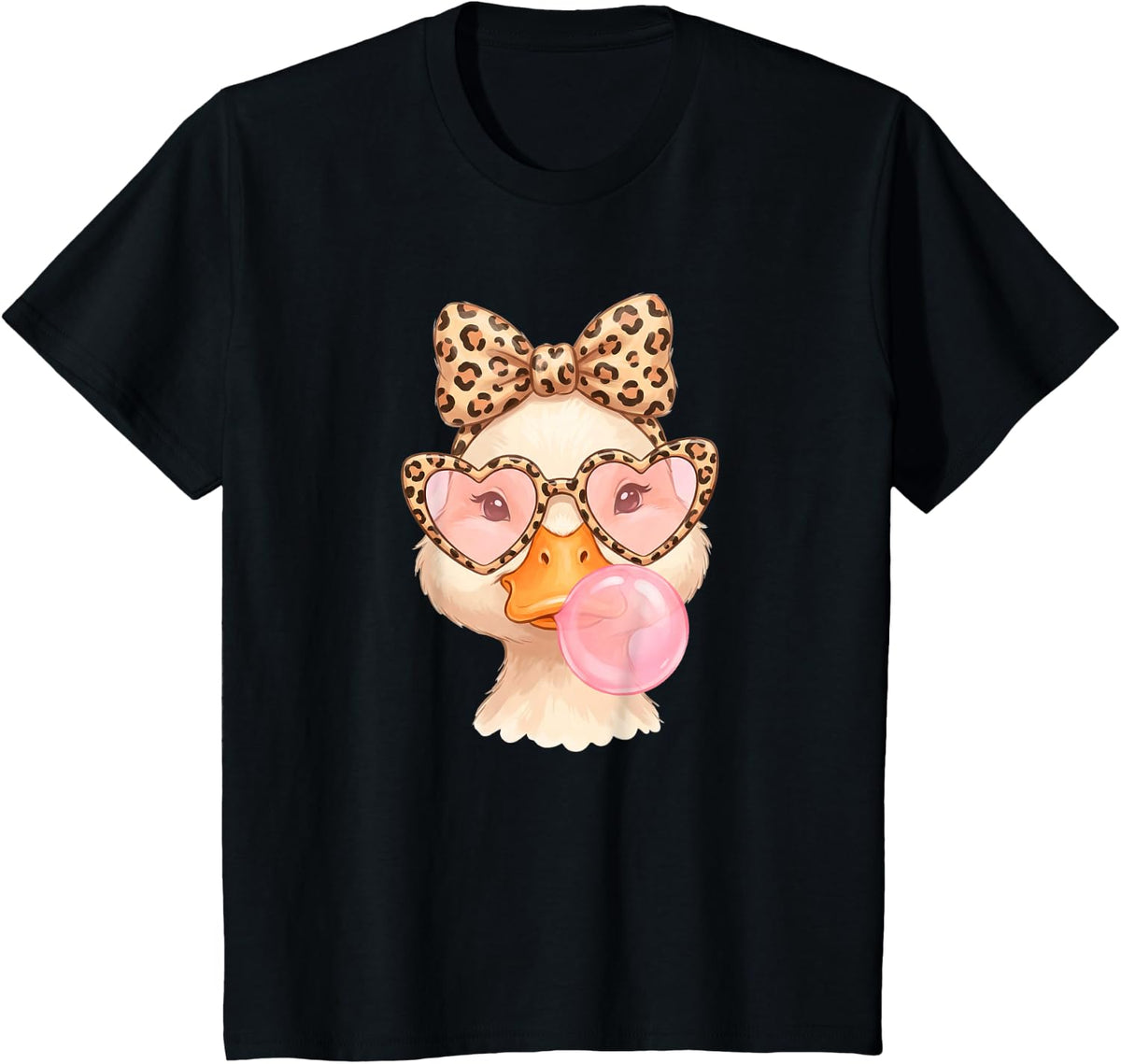 Cute Duck Bubblegum Heart Sunglasses Leopard Bow Art T-Shirt - Black