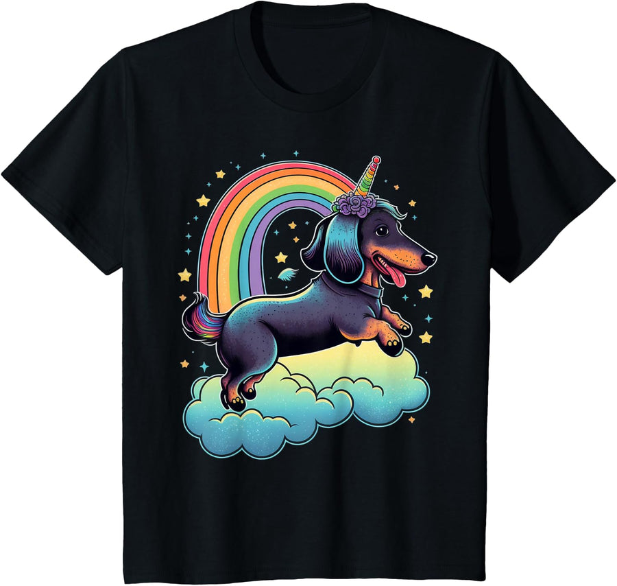 Dachshund Unicorn on Rainbow Unicorn Dachshund T-Shirt - Black
