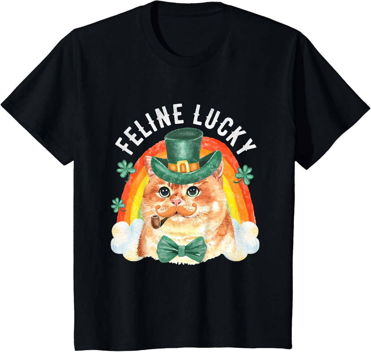 Feline Lucky St Patricks Day Funny Leprechaun Cat Rainbow T-Shirt - Black