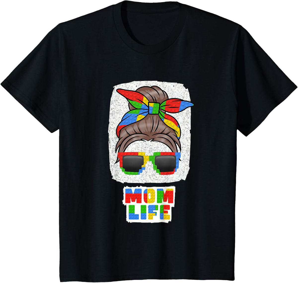 Mom Life Cute Messy Bun Master Builder Building Blocks Women T-Shirt - Black