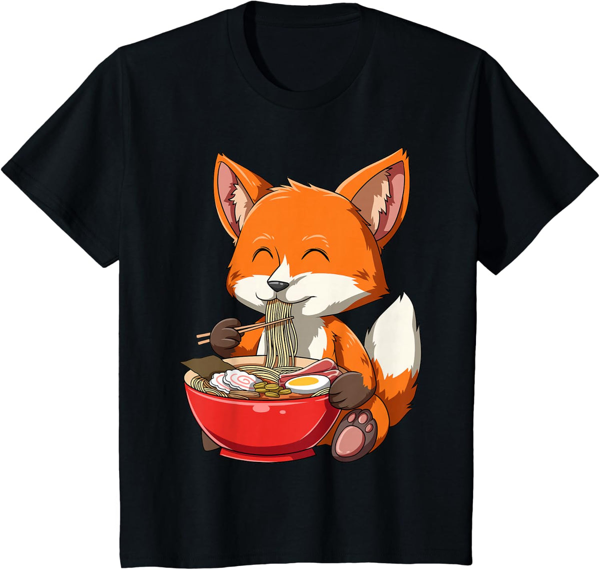 Fox Eating Ramen Ramen Noodle Lovers Fox Themed Gift T-Shirt - Black
