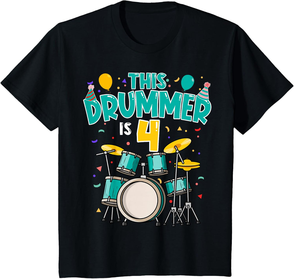 4 Years Old Drummer 4th Birthday Drum Set Drumming T-Shirt - Black