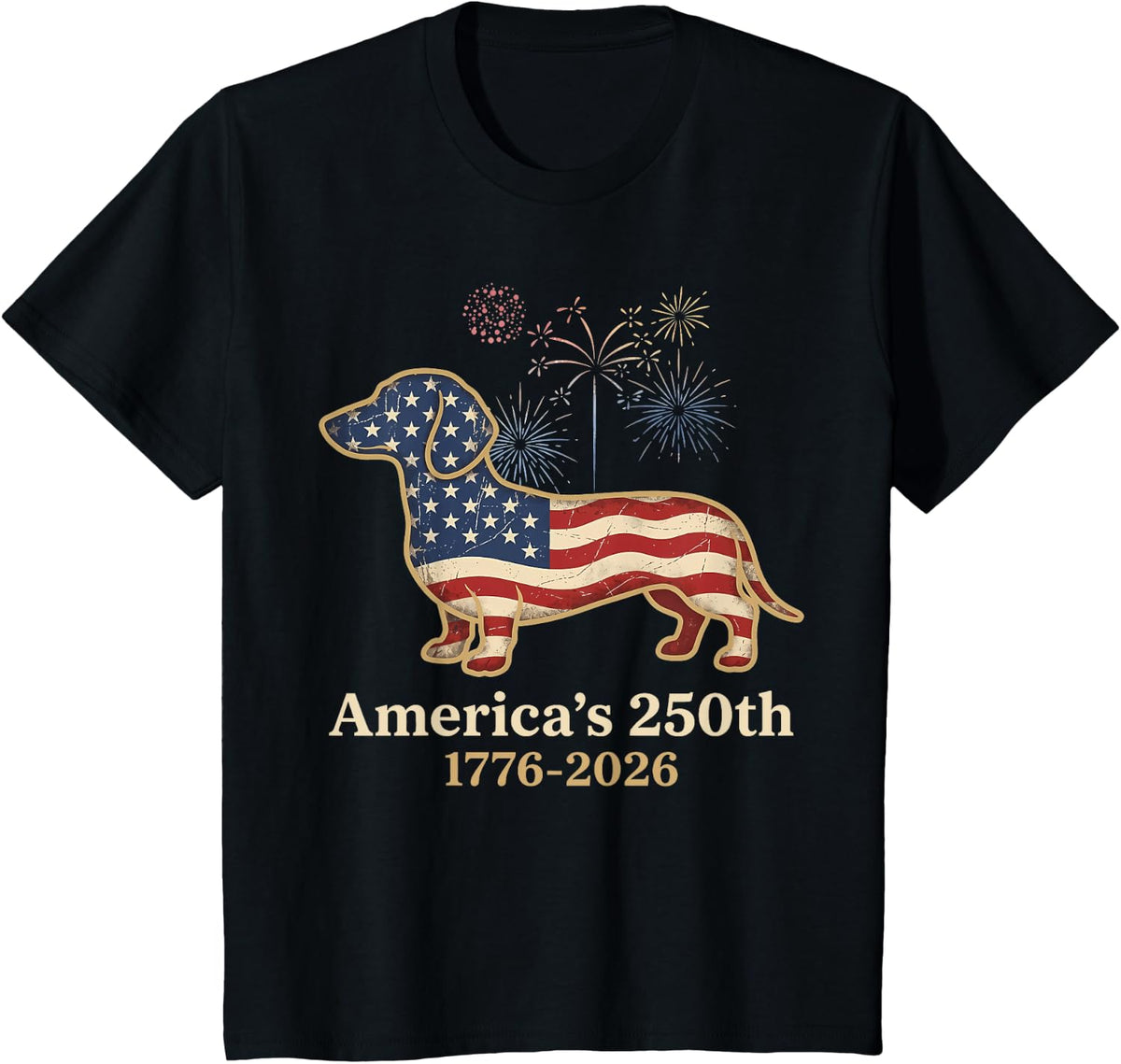 Dachshund 250th Patriotic Dog Fireworks Funny Wiener Dog T-Shirt - Black