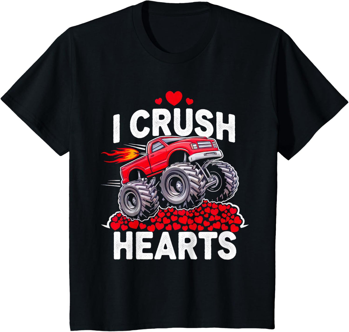Valentines Day Monster Truck Boys Kids I Crush Hearts Truck T-Shirt - Black