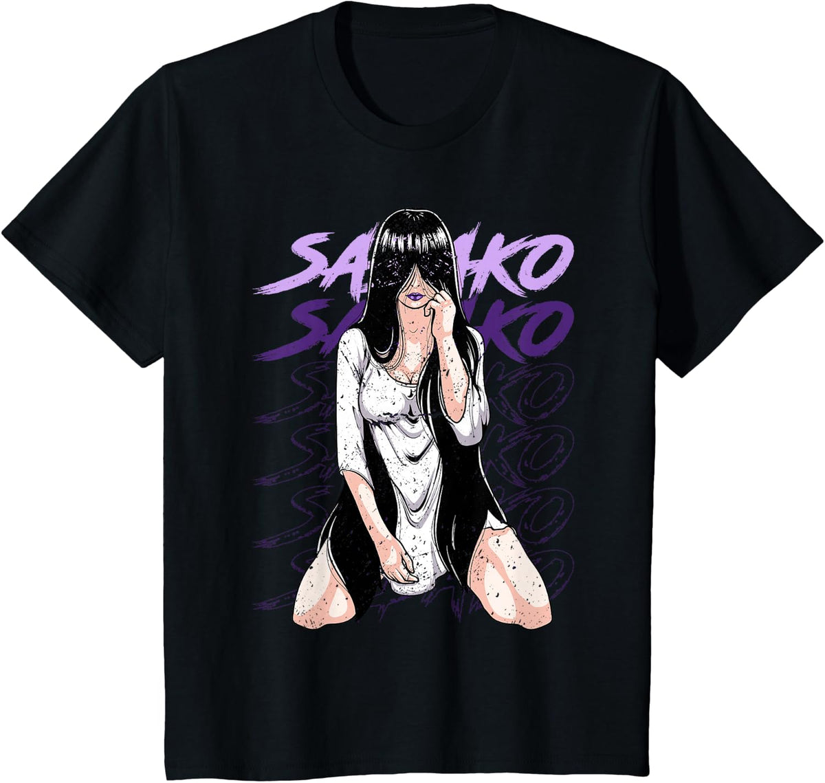 Dark Hair Goth Girl Creepy Cute Anime Art T-Shirt - Black