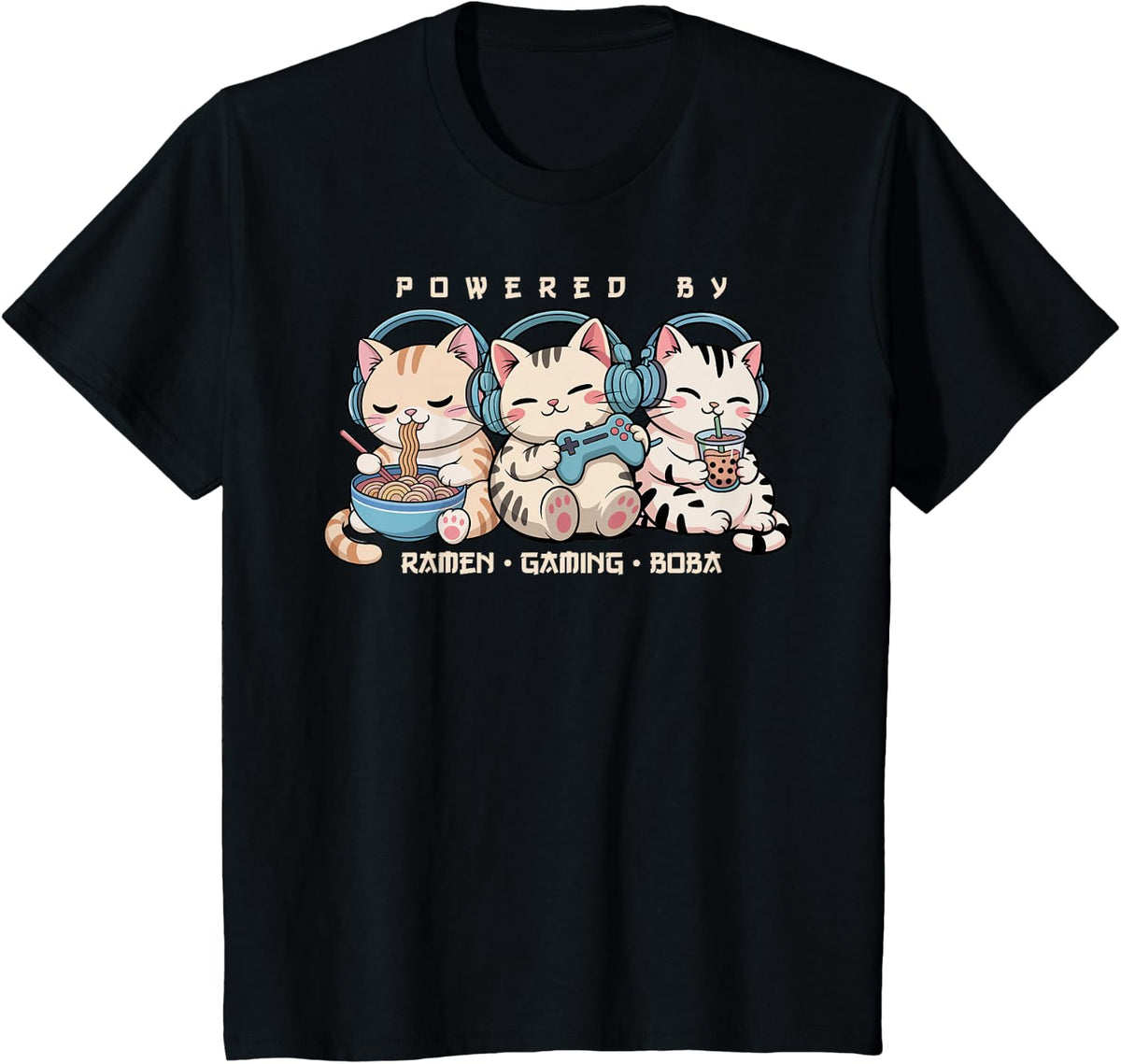 Gaming Powered By Gaming and Ramen Kawaii Cats Gamer Cat T-Shirt - Black