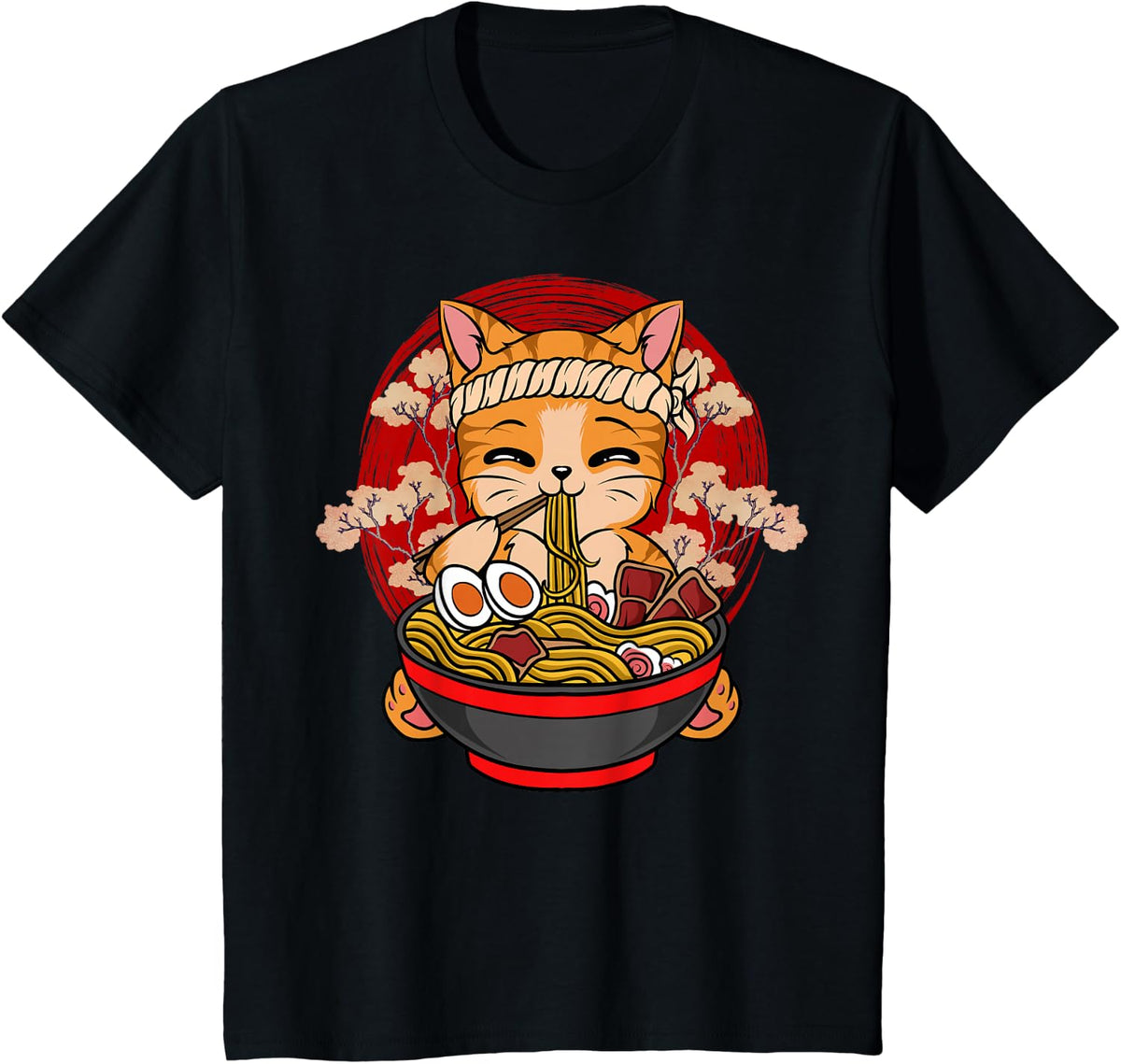 Cat Eating Ramen Shirt Kawaii Anime Japanese Noodles Funny Cat Tee T-Shirt - Black