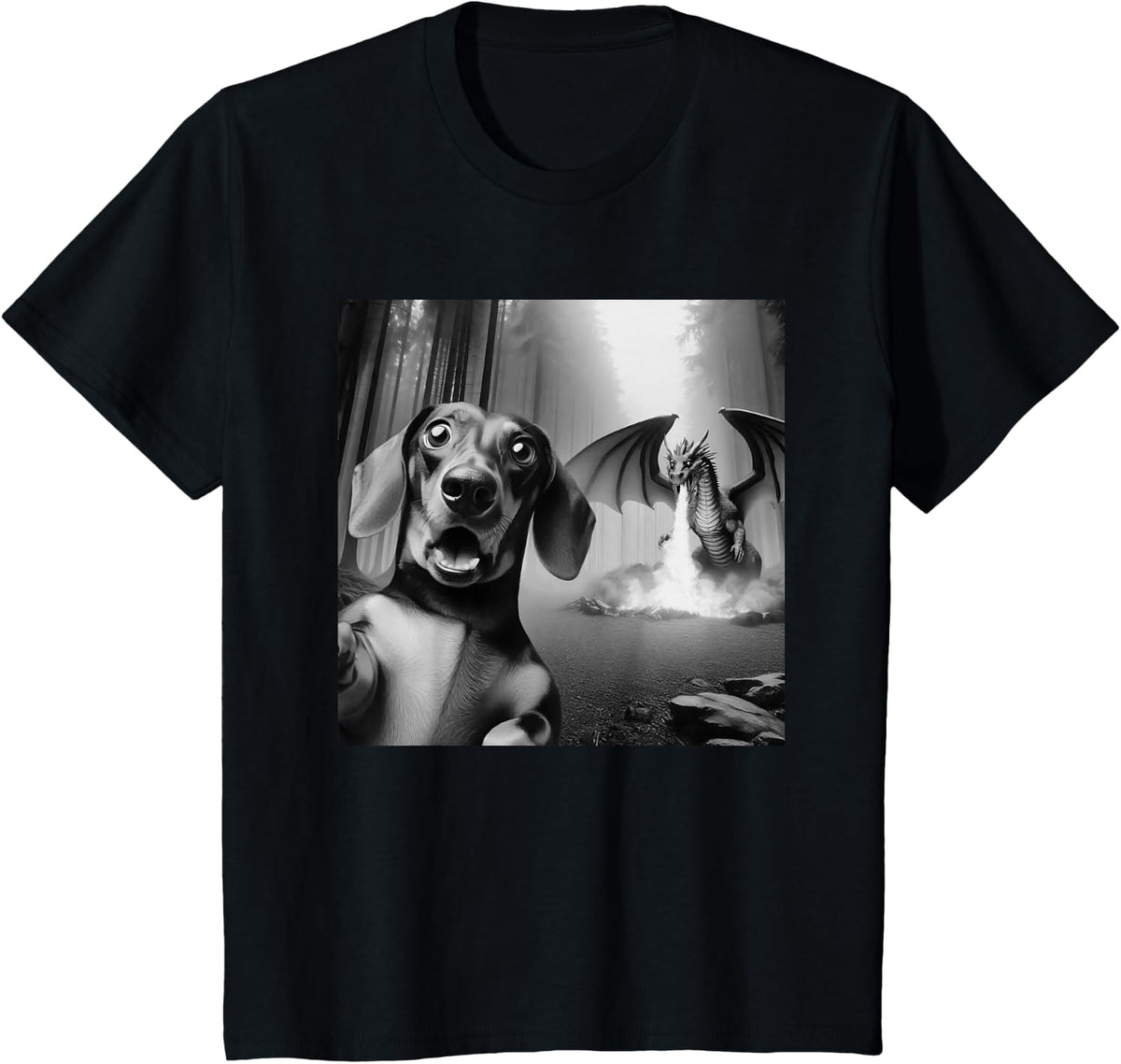 Funny Dachshund Selfie with dragon surprised Dachshund T-Shirt - Black