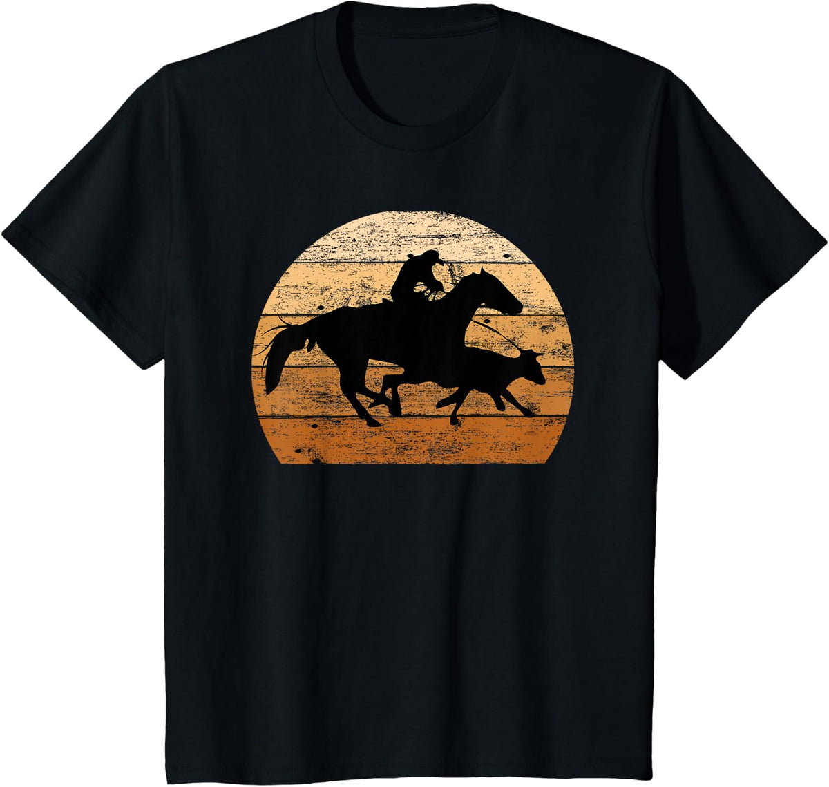 Brown Distressed Style Western Cow Horse Calf Roping T-Shirt - Black
