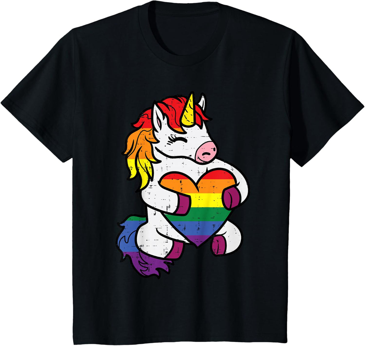 Gay Pride Unicorn Heart Rainbow Flag LGBT Women Girls Kids T-Shirt - Black