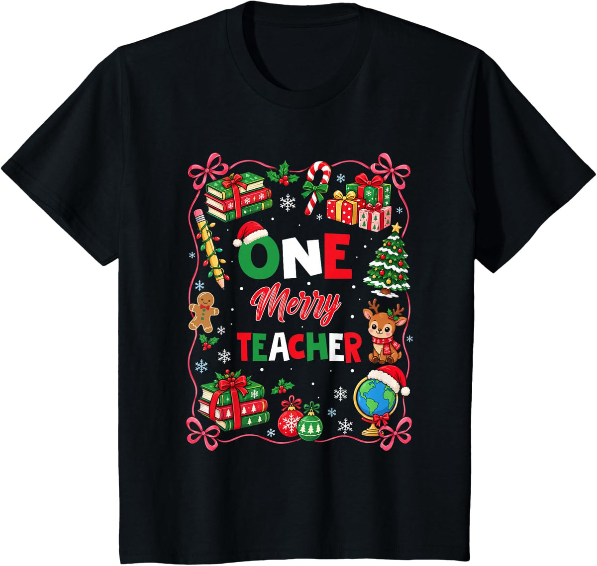 One Merry Teacher Christmas Coquette Bow Xmas Teachers T-Shirt - Black