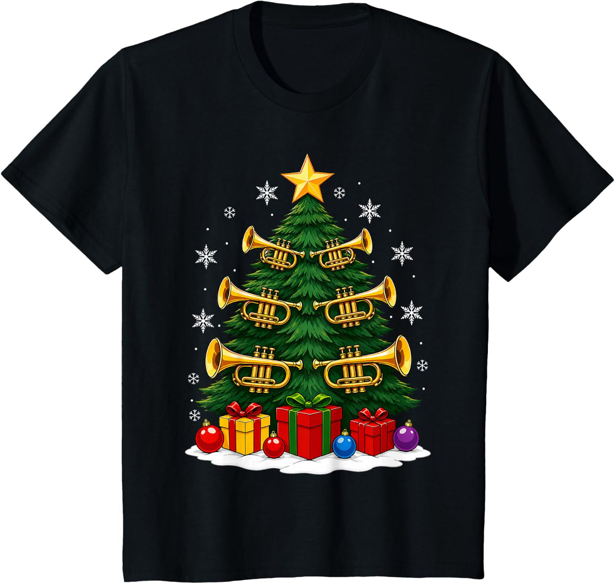 Festive Musical Instruments Trumpet Holiday Christmas Tree T-Shirt - Black