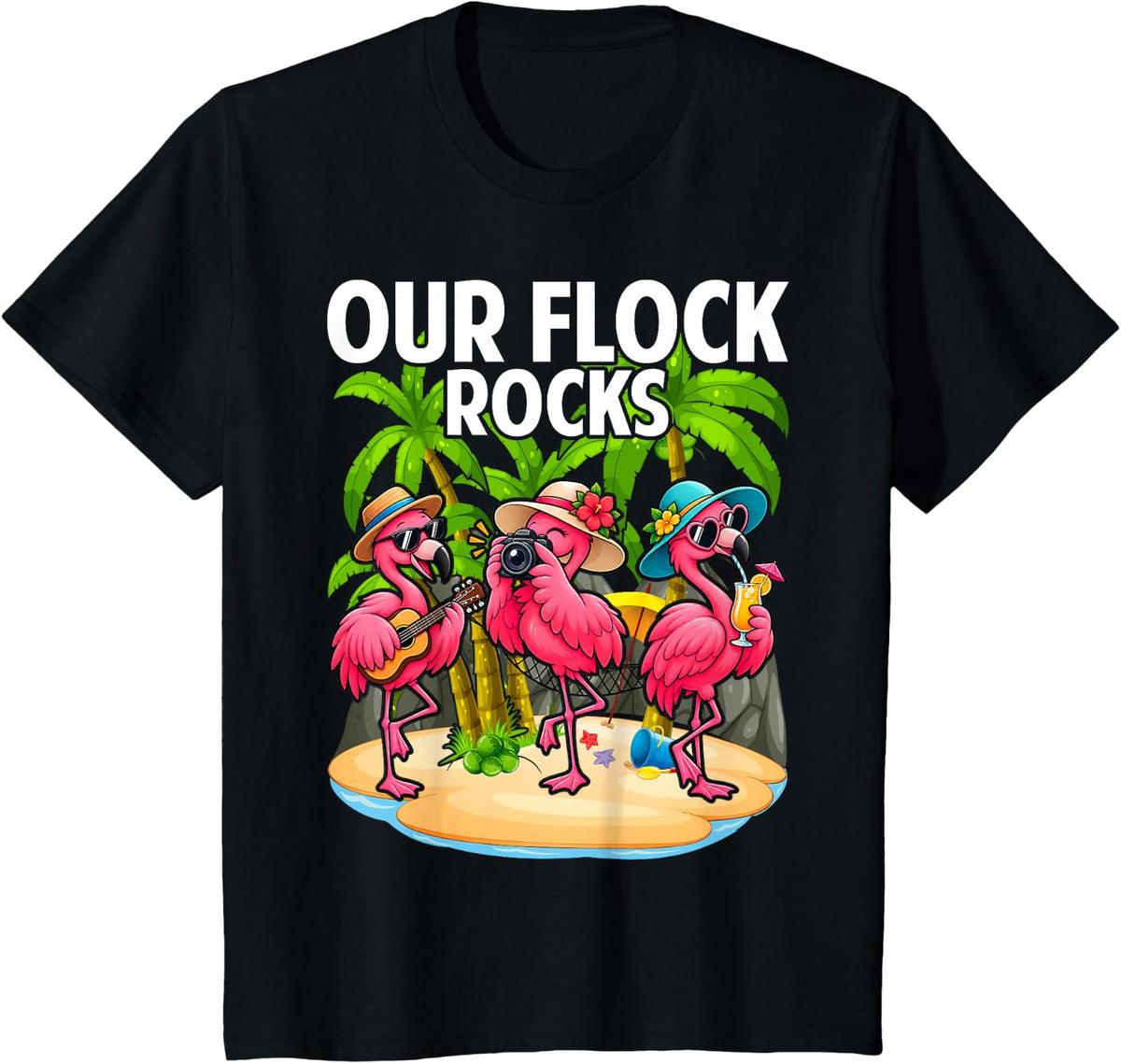 Our Flock Rocks Flamingo Matching Family Vacation Group T-Shirt - Black