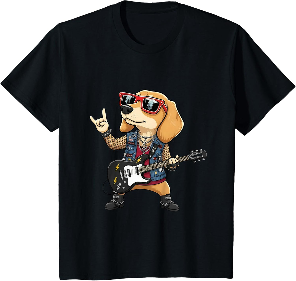 Dachshund Dog Playing Bass Guitar Guitarist Rocker Pose Cool T-Shirt - Black