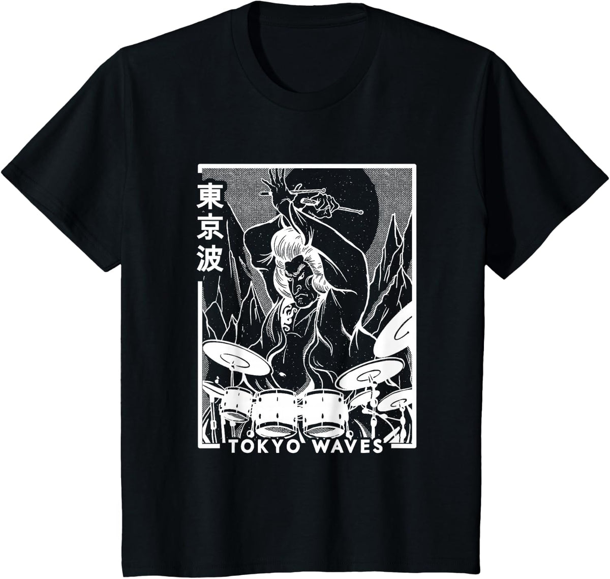 Samurai Playing Drums Japanese Futurism Japan Art Drummer T-Shirt - Black