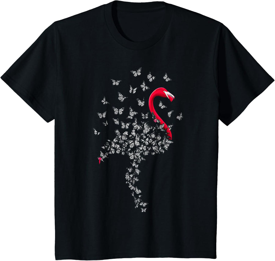 Butterfly Art Animal Design Flamingo Lover T-Shirt - Black