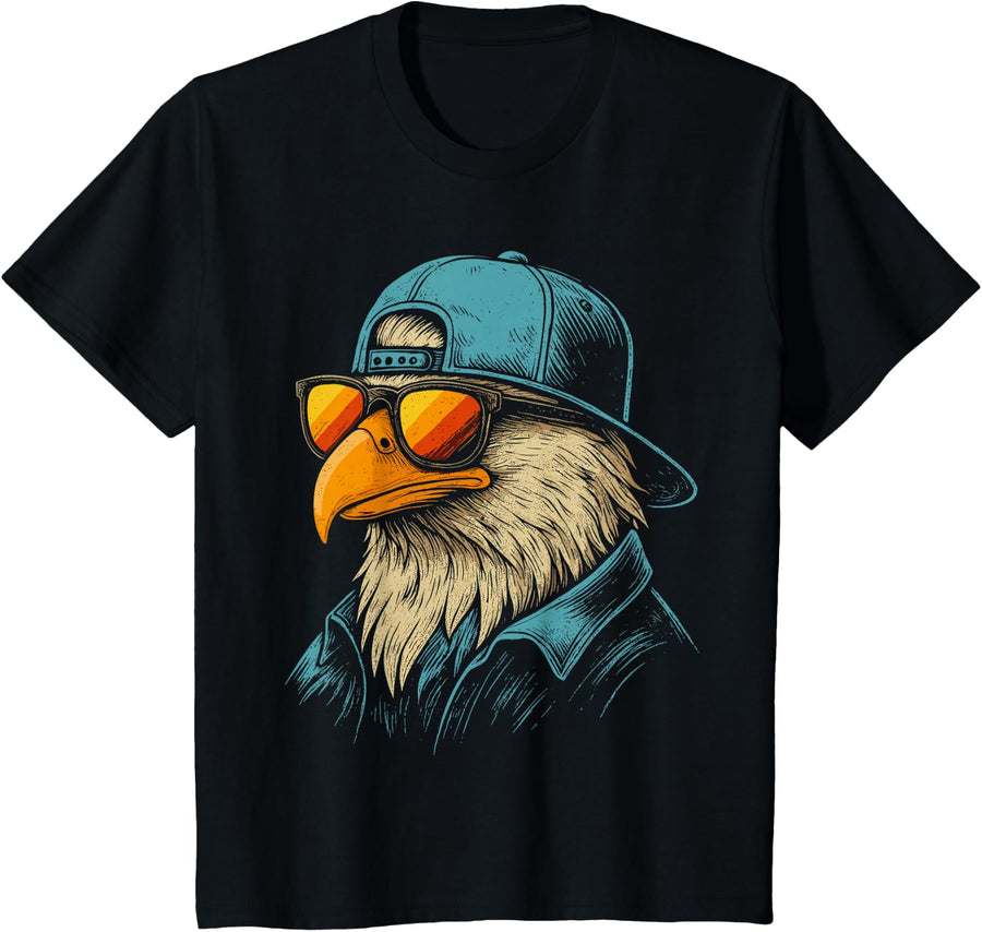 Cool Face Eagles with Sunglasses Vintage Eagles Flying Bird T-Shirt - Black