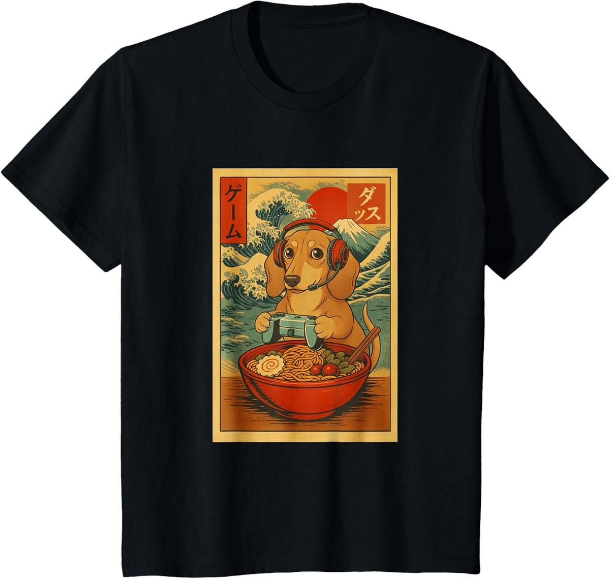 Dachshund Gaming Ramen Japanese Ukiyo-e Retro Graphic Tees T Shirts - Black