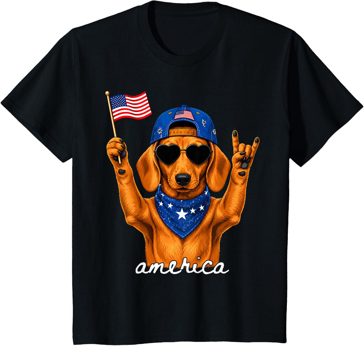 Funny America Dachshund Rock on American Flag 4th of July T-Shirt - Black