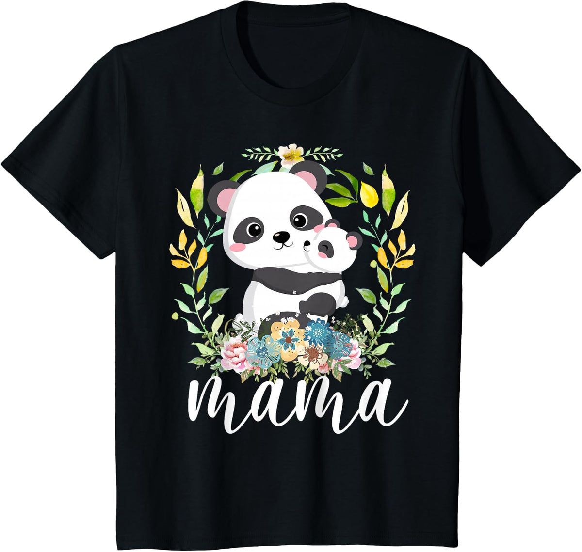 Flowers Mom & Cute Baby Panda - Animal Mama Mother's Day T-Shirt - Black